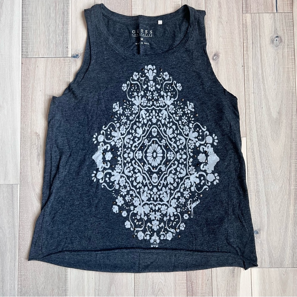Guess charcoal gray racerback  tank w/beaded accents, women’s Medium